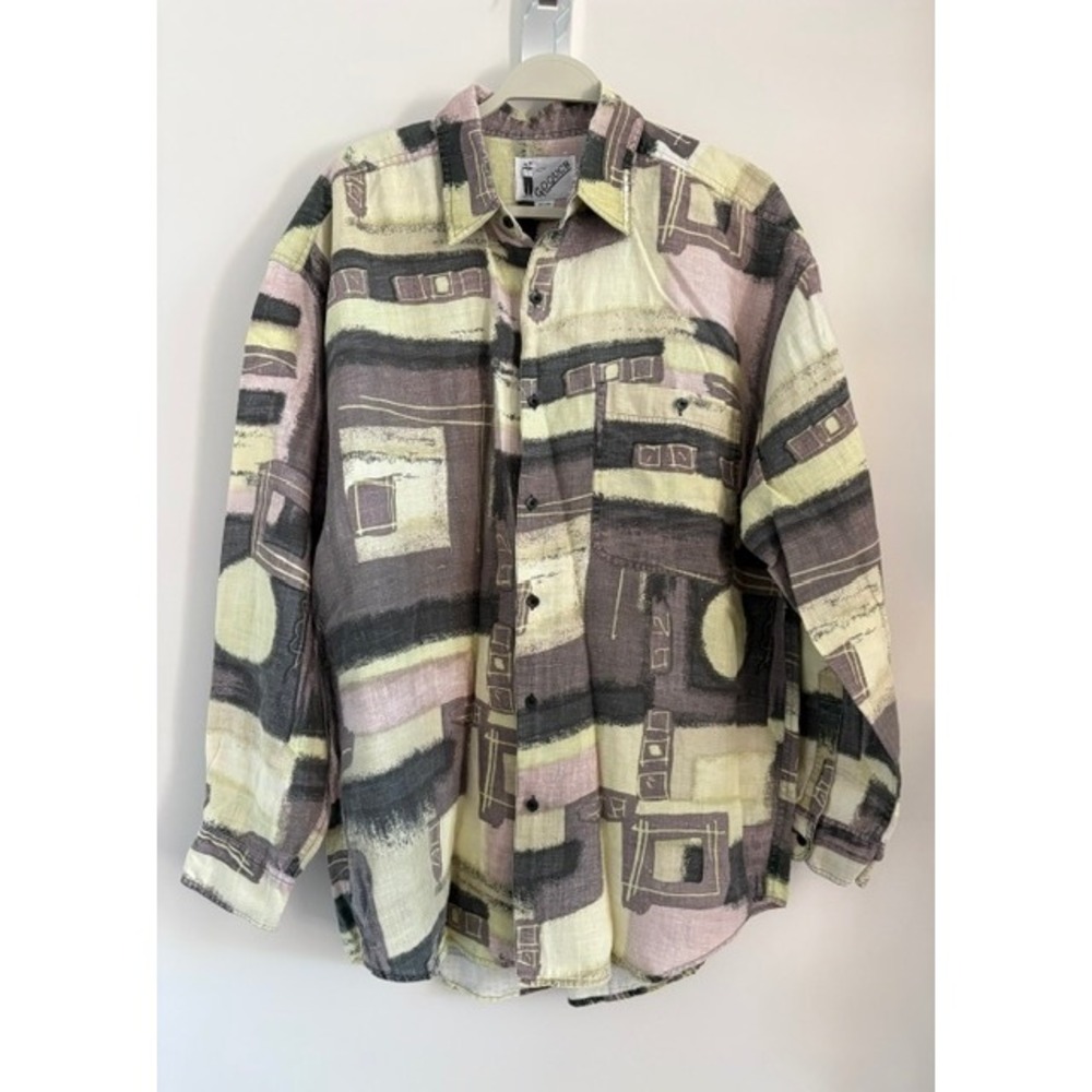 Vintage Goouch Mens Abstract Geometric Linen Button Down Shirt Sage Rose Grayl L